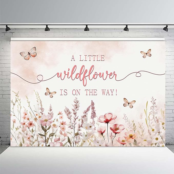 MEHOFOND 8x6ft Baby Shower Backdrop Pink Watercolor A Little Wildflower is On The Way Baby Shower Party Decorations Butterfly Theme Girl Banner Photography Background Props