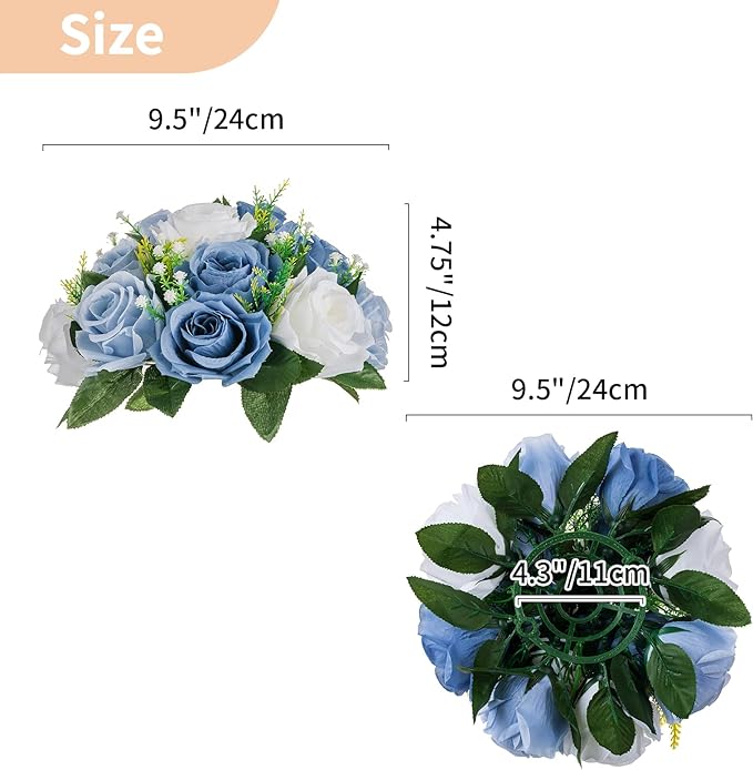 NUPTIO Wedding Floral Centerpieces for Tables: Dusty Blue & White Fake Flower Ball for Weddings Party - 2 Pcs Artificial Rose Arrangements for Birthday Bridal Shower Decorations
