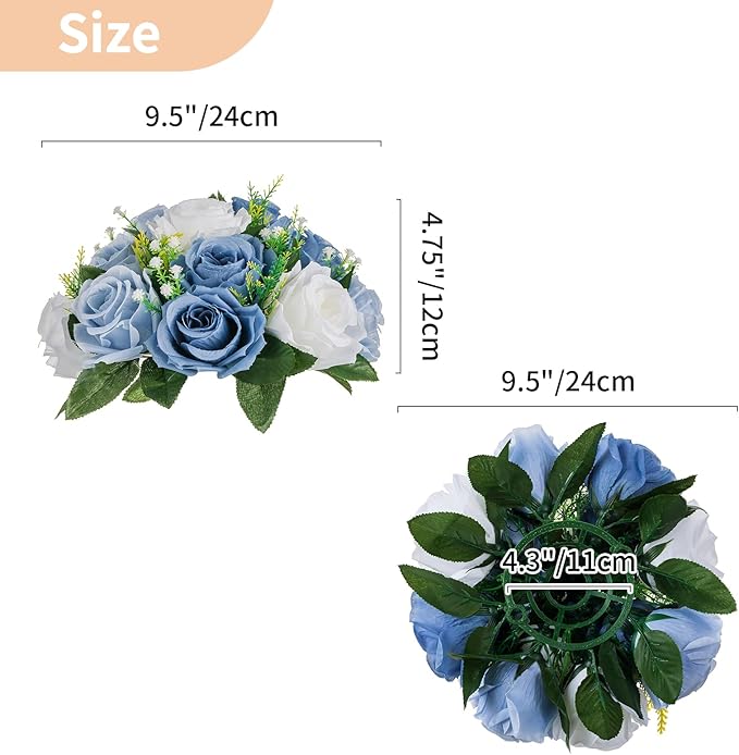 NUPTIO Wedding Floral Centerpieces for Tables: 6 Pcs Dusty Blue & White Fake Flower Ball for Weddings Party - Artificial Rose Arrangements for Birthday Bridal Shower Decorations
