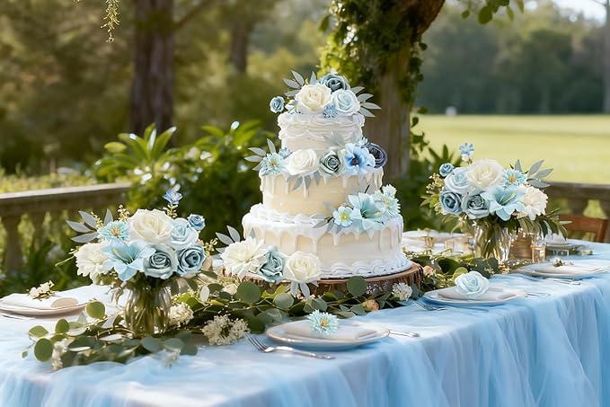 Artificial Flowers Blue Box Set for DIY Bridal Bouquets Wedding Shower Decorations Fake Floral Arrangements for Party Table Centerpieces Home Decor Indoor Outdoor