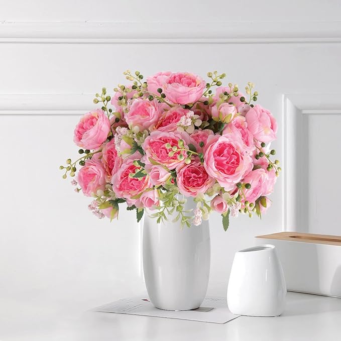 Artificial Peonies Silk Flowers, Pink Faux Peony Bouquet 4 Bundles Florals Arrangements Decor for Farmhouse Home Boho Wedding Table Centerpiece, Fake Plastic Flowers Bulk for Vase Decoration (Pink)