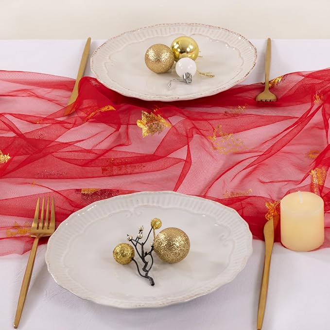 Socomi Christmas Tree Table Runner Gold Gauze Sheer Chiffon Cheesecloth Sequin 10FT Glitter Metallic Foil Dining Wedding Birthday Party Winter Holiday Centerpiece Table Decor Red