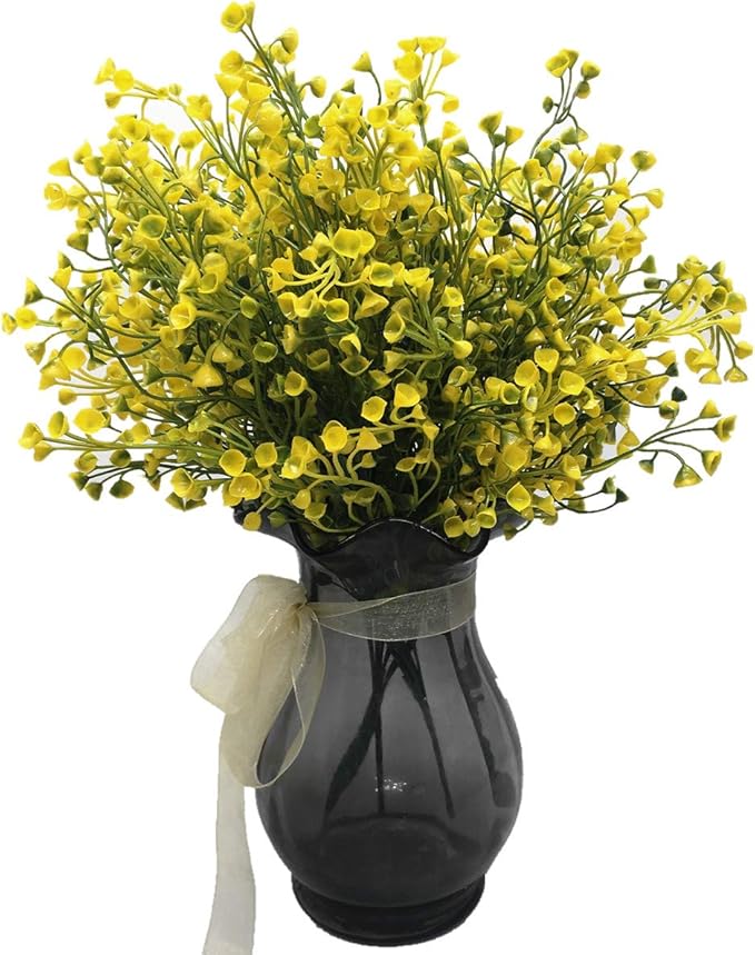 PASYOU Artificial Plants, Fake Bell Grass Flowers Plastic Greenery Lifelike Patio Yard Corridor Indoor Outdoor Home Garden Balcony Party Pot Planter Filler Table Arrangement Decoration Yellow 8 pcs