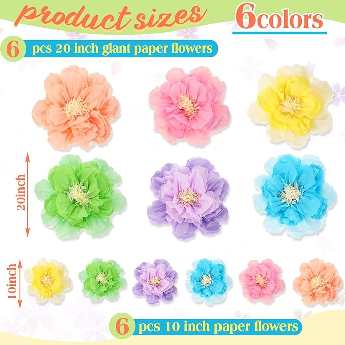 MotiMind 12 Pcs Large Colorful Tissue Paper Flowers 20" 10'' Giant Fiesta Paper Flowers Mexican Pom for Carnival Party Wall Backdrop Decoration Wedding Birthday(Gradient Pastel)