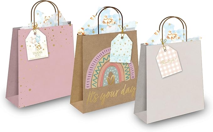 Pro Supply Global 24 Count of 2.5 Inch x 3 Inch Pre Strung Teddy Bears Gift Tag Assorted Printed Designs on Large Cardstock Gift Hang Tags - Ideal to Use on Bags