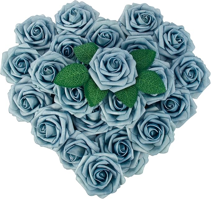 [25PCS] Light Blue Roses Artificial Flowers with Long Stem Real Touch Fake Foam Roses for Decoration DIY Wedding Bouquets Centerpieces Bridal Shower Flower Arrangements Home Decor