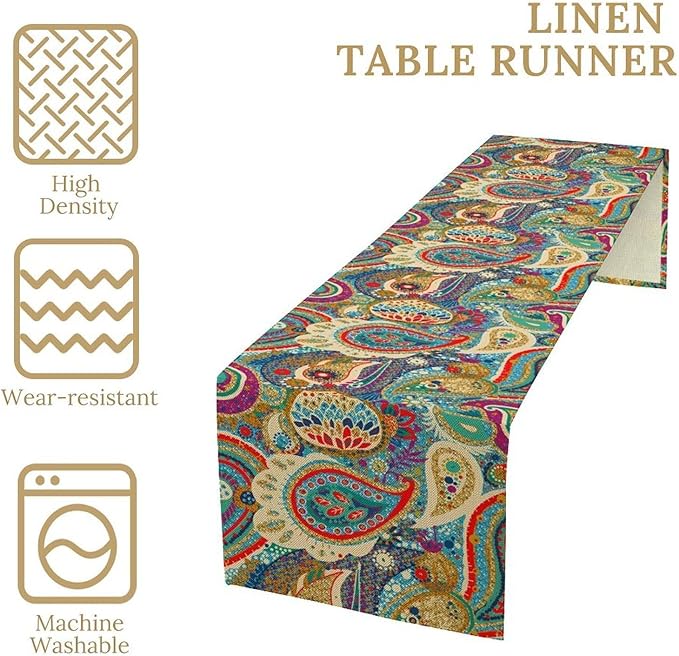 Boho Paisley Table Runner, Colorful Indian Mandala Floral Golden Aeccent Bohemian Style Table Runnner for Kitchen Dining Holiday Party Decoration, 13x36 Inch