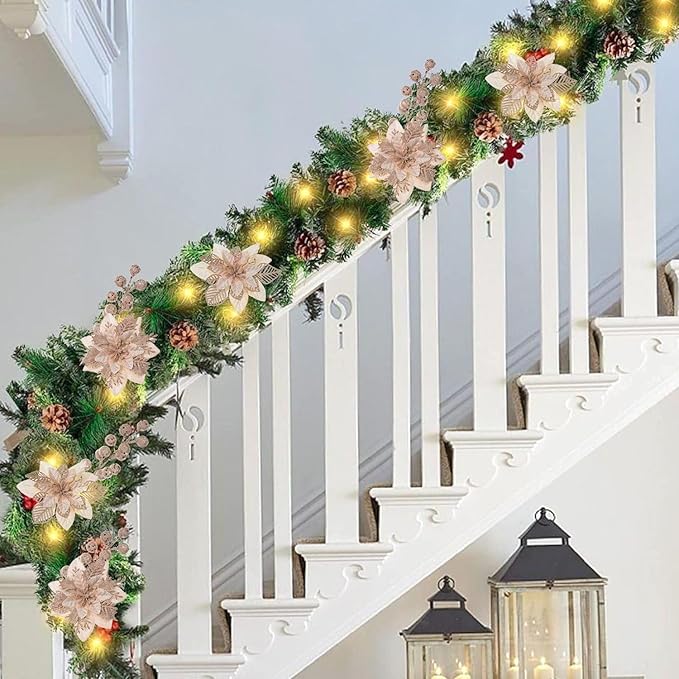 24 Pcs Champagne Boxed Christmas Poinsettia Flowers Set, 16 Pcs Artificial Poinsettias with Clips, 8 pcs Glitter Christmas Tree Ornaments Berry Stems for Wedding Home Holiday Xmas New Year Decorations