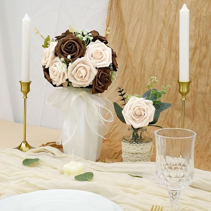 Artificial Flowers, 50pcs Brown and Tan Artificial Flower for DIY Wedding Bouquets Centerpieces Arrangements, Artificial Rose with Stem for Party Home Decorations