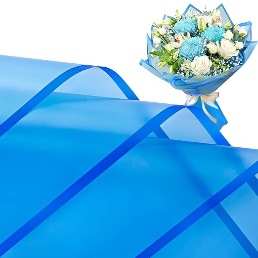 20 Sheets Blue Flower Wrapping Paper, Waterproof Floral Wrap Blue Edge Bouquet Wrapping Paper Florist Supplies (22.8 x 22.8 inch)