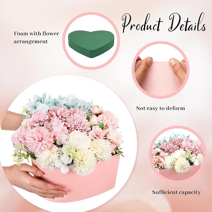 Nuenen Heart Shaped Flower Gift Boxes, Floral Gift Box with Lids Floral Foam Clear Cellophane 9.8 x 9 x 5 Inches for Birthday Wedding Proposal Packaging Arrangements(Pink)
