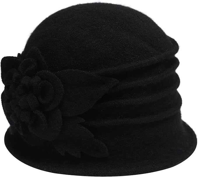 ZLYC Women Wool Cloche Bucket Hat 1920s Vintage Dress Winter Hats with Flower Accent