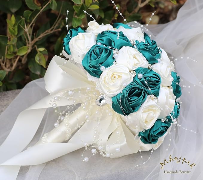 Bridal Wedding Bouquet Round Bling Brooch Bouquet Throw Toss Artificial Rose Flower Bunch for Bride Bridesmaid Wedding Quinceanera(Dark Green & Ivory, 7.5")