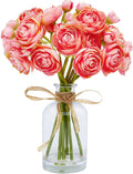 Ranunculus Artificial Flowers with Vase, 8 Pcs Faux Silk Ranunculus Flower in Vase, Small Flower Arrangements for Home Decor Indoor, Table Centerpiece. (Coral)