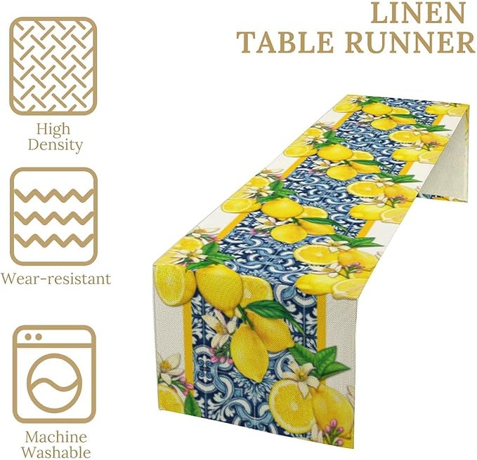 Lemon Table Runner ,Summer Blue Tiles Lemons Kitchen Dining Table Decoration Lemons Table Cover for Indoor Outdoor Home Party Decor, 13 x60 Inch