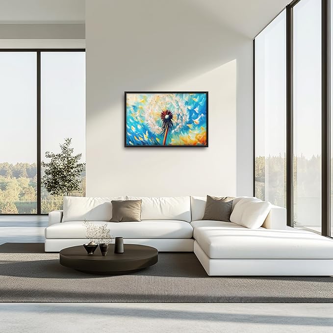 Extra Large Abstract Dandelion Framed Wall Art for Living Room,Oversized Colorful Dandelion Flower Pictures Wall Decor,Blue Canvas Print Painting Modern Artwork Bedroom Office Bathroom 36L x 24W
