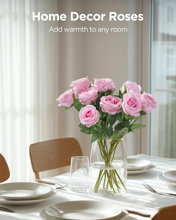 InnoGear 50 Pcs Pink Roses Artificial Flowers, Fake Velvet Silk Rose Bulk Faux Flower for Decoration DIY Wedding Centerpieces Proposal Bridal Bouquets Shower Party Home Floral Decor (50, Pink)