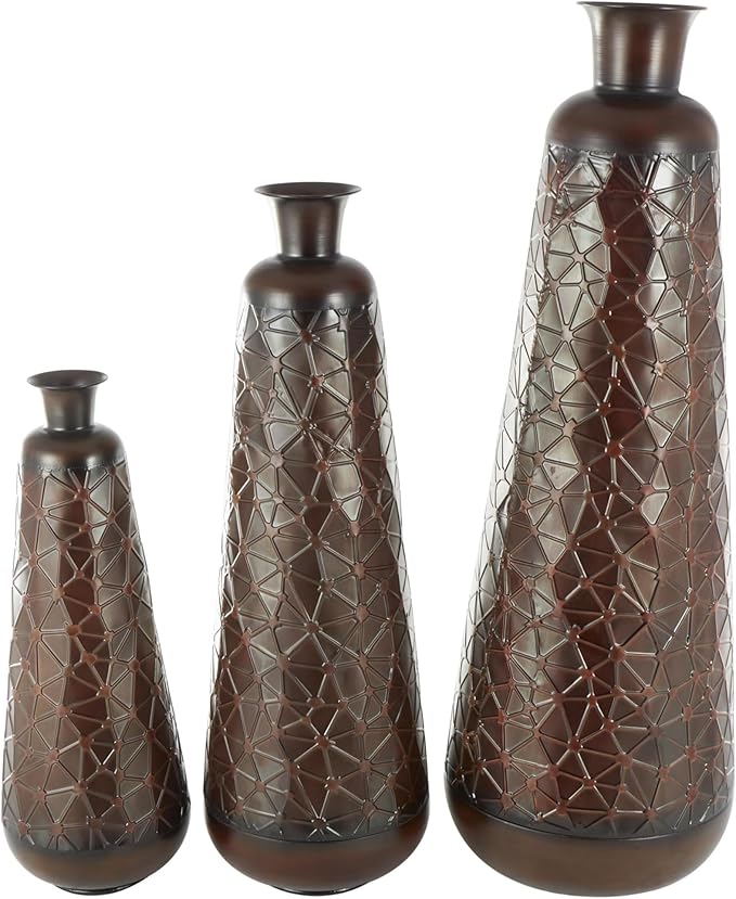 Deco 79 Metal Decorative Vase Tall Teardrop Shaped Centerpiece Vases with Hammered Texture, Set of 3 Vases for Home Decoration 53", 43", 32" H, Dark Brown