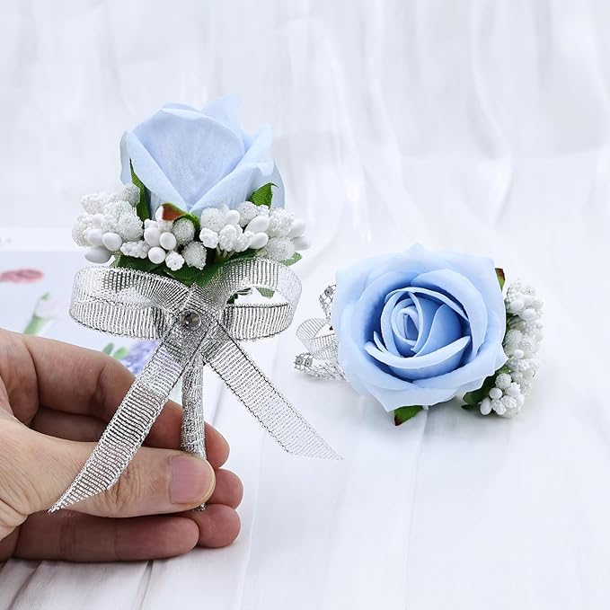 2Pcs Light Blue Rose Corsage and Boutonniere Set, Artificial Wrist Corsage Wristlet Bracelets, Men Boutonniere for Wedding Party Homecoming Formal Dinner Flowers Accessories Prom Suit Decor