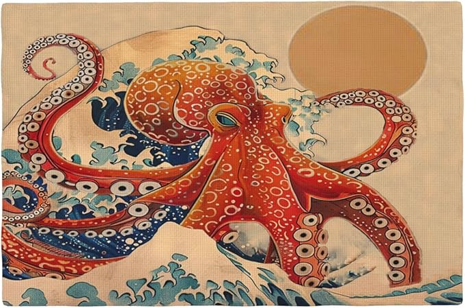 Retro Octopus Placemats Set of 6 Washable Table Vintage Japanese Wave Heat-Resistant Cotton Linen Place Mats for Dining Table Kitchen Indoor Outdoor Party Holiday Decor