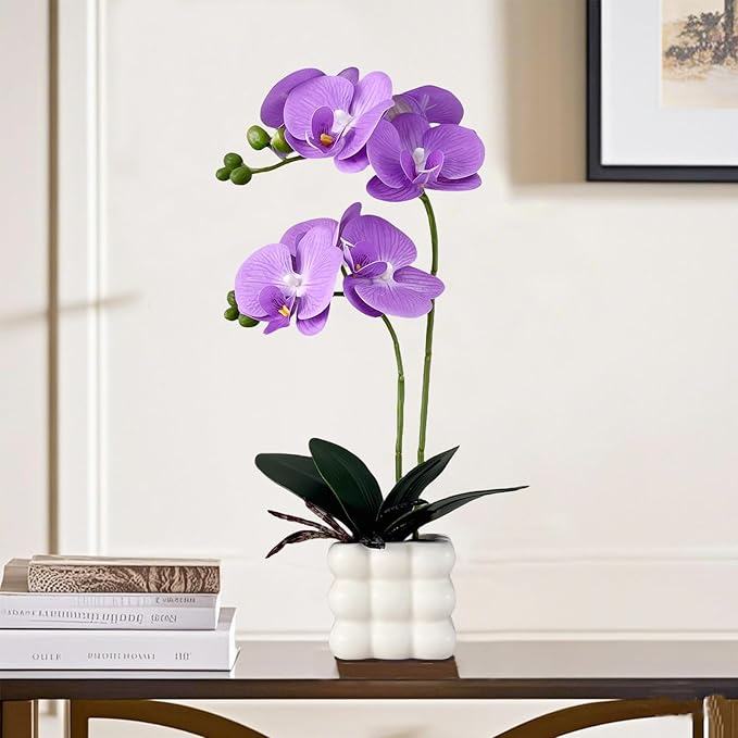 Artificial Orchid Flowers, 14 Inches Tall, Purple, Set in White Vases for Home Decor Orchid Artificial Flowers