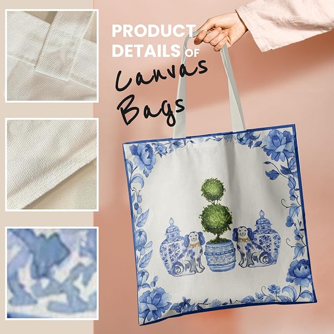 Blue and White Chinoiserie Prints Canvas Tote Bag for Women, Reusable Folding Shopping Bags with Handles