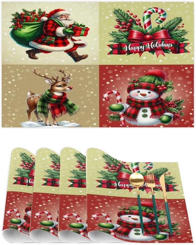 Christmas Waffle Santa Claus Cute Placemats Set of 1 PVC Vinyl Non Slip Table Mats Heat Resistant Place Mats Washable Wipeable Dining Table Mat for Kitchen Decor Party Indoor Outdoor Decorative Gift