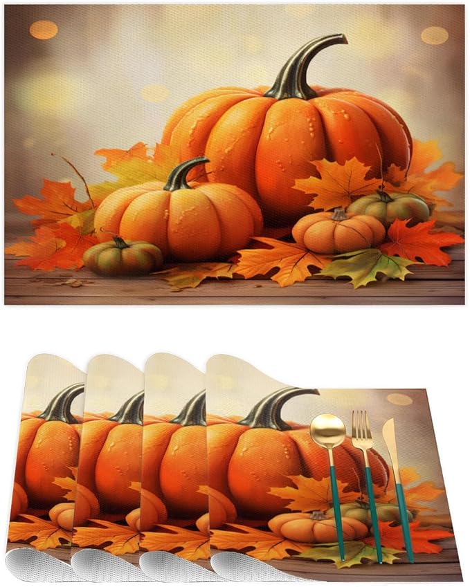 Thanksgiving Fall Pumpkin Placemats Set of 1 PVC Vinyl Non Slip Table Mats Heat Resistant Place Mats Washable Wipeable Dining Table Mat for Kitchen Decor Party Indoor Outdoor Decorative Gift