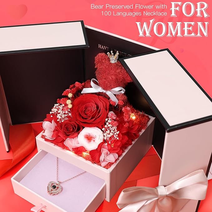 Gifts for Mom Grandma Christmas Birthday Preserved Flowers Roses with Heart Necklace Fresh Flowers for delivery Prime Eternal Forever Flower Box Xmas Gifts for Women Mother Her Wife from Daughter