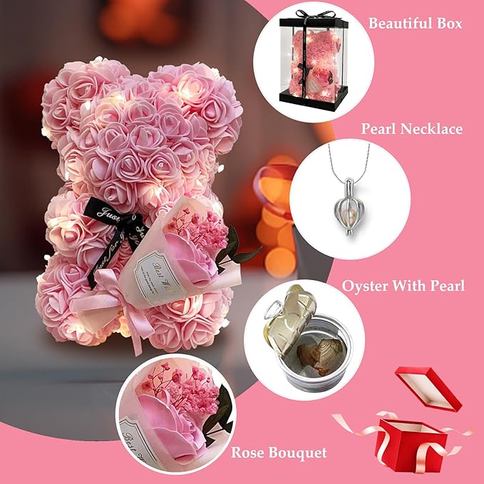 Romantic Valentines Day Gift for Her Rose Artificial Flower Rose Teddy Bear for Wife, Girlfriend Mother Daugther Women. Blind Box for Christmas Birthday Wedding Anniversary (Pink Bear)