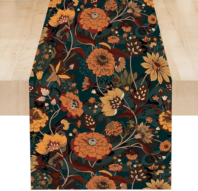 Orange Boho Floral Table Runner, Vintage Bohemian Home Kitchen Table Decoration for Birthday Party Picnic Decoration 13x70 Inch 1PCS