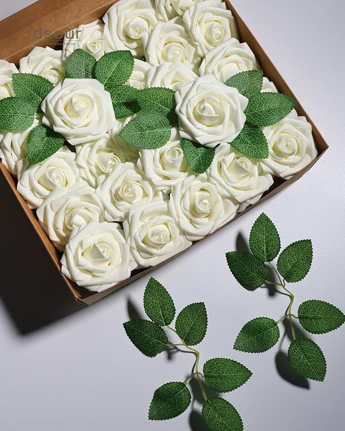 50pcs Artificial Flower，Real Touch Foam Roses w/Stem DIY for Wedding Bouquet Centerpieces Party Shower Home Decor-Ivory
