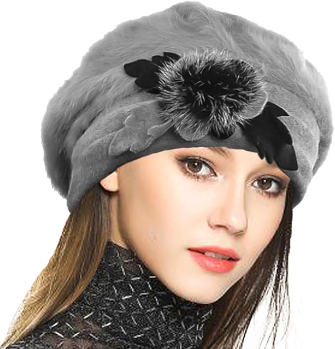 VECRY Lady French Beret 100% Wool Beret Floral Dress Beanie Winter Hat