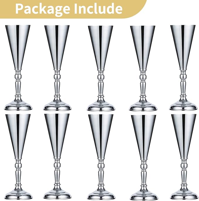 10 Pcs Tabletop Silver Metal Wedding Flower Trumpet Vase, 14 inch Table Decorative Centerpiece Artificial Flower Arrangements for Anniversary Ceremony Party Birthday Event Home Decoration (Silver)