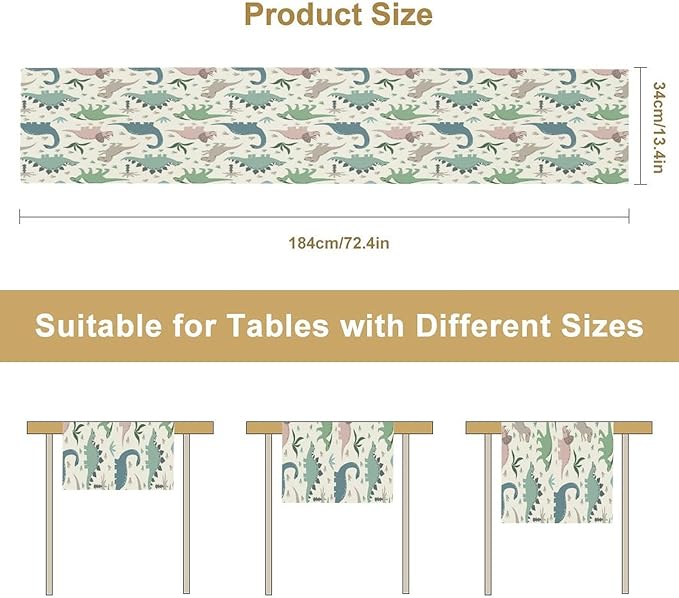 Cartoon Dinosaur Table Runner,Kids Boys Cute Colorful Animal Dino Abstract Print Tablecloth Burlap for Hotel Indoors Outdoor Dining Room Kitchen Holiday Party, 13x60in