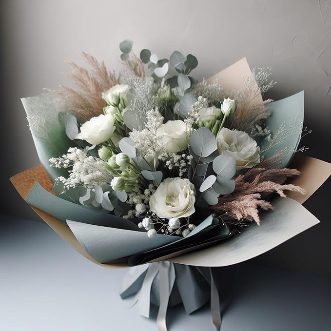 LeZakaa 20 Sheets Flower Wrapping Paper - Waterproof Reversible Floral Bouquet Paper - Green Gray and Mist Blue Design for Baby Shower, Mother's Day, Parties, Birthdays, Weddings