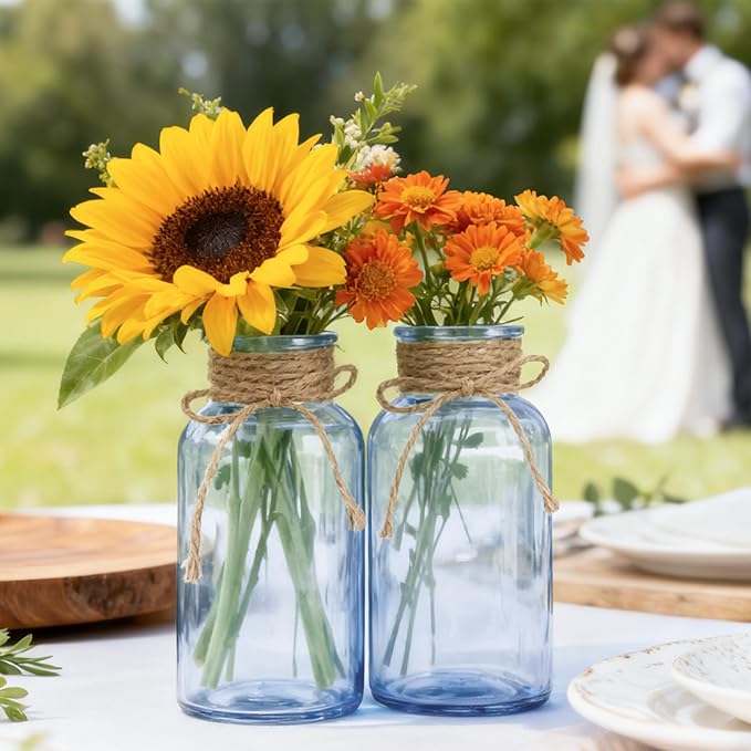 Vintage Glass Flower Vase，3 Pack Farmhouse Blue Glass Centerpiece Vases Mason Jars for Weddings, Parties & Home Decor Bulk (3, Blue)