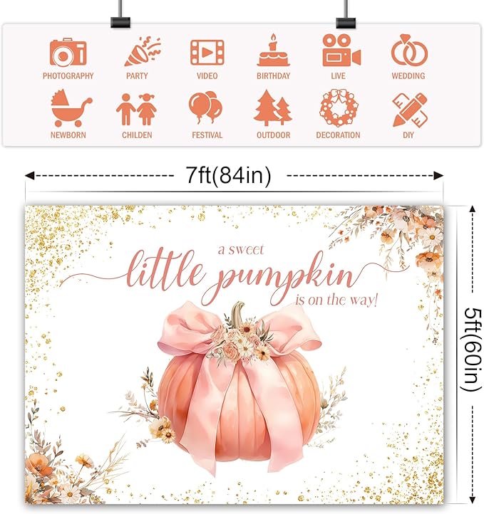 Sweet Little Pumpkin Baby Shower Backdrop for Girls Floral Pink Bowknot Golden Glitter Fall Photography Background Newborn Baby Shower Party Decoration Supplies Banner Photo Booth Props 7x5ft
