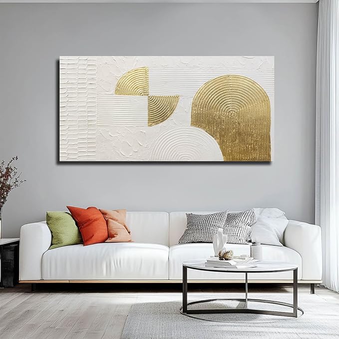 VAYIMDH White Abstract Wall Art Hand Drawn Wall Decor Pictures Semicircle Paintings Arts for Living Room 24"x48" Artwork