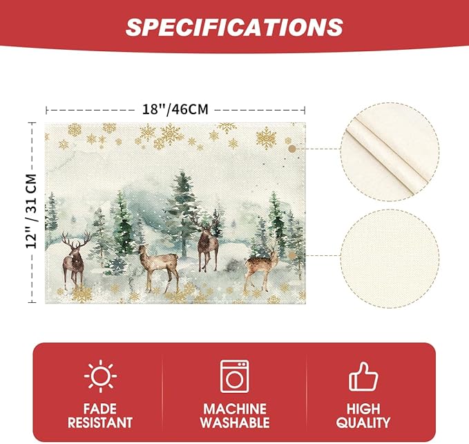 Artoid Mode Watercolor Deer Trees Snowflakes Christmas Placemats for Dining Table, 12 x 18 Inch Seasonal Winter Xmas Holiday Rustic Vintage Thanksgiving Washable Table Mats Set of 4