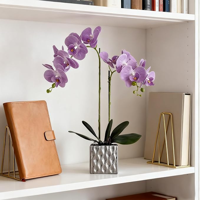 LISU Artificial Orchids, Silver Vases, Home Decoration Flower Arrangements,Purple Orchids Fake Flowers in Vases.