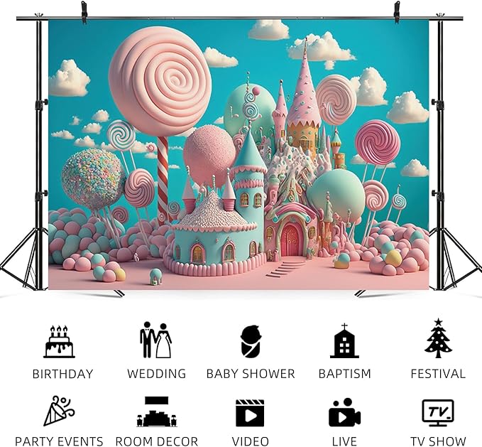 12x10ft Candyland Backdrop Sweet Candy Castle Photography Background Fantasy Lollipop Blue Sky White Cloud Cartoon Kids Birthday Banner Decorations Baby Shower Portrait Photo Booth Prop