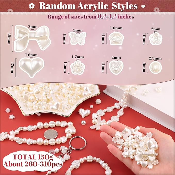 Assorted 270-320PCS Mix ABS Imitation Pearl Beads for Bracelet Making, Bow Heart Kawaii Acrylic Beads,Cute Bead for Jewelry Making DIY Necklace Keychain Phone Charm Christmas Gifts