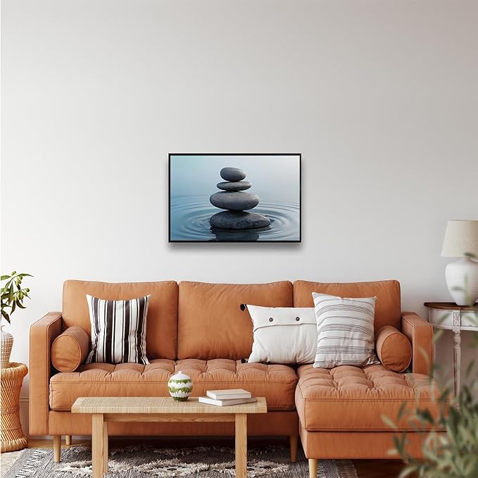 Zen wall art Harmonious grey stones stacked on a calm surface of water Serene Zen decor suitable for tranquil homes and spaces of meditation 8x12in Metal blackFramed