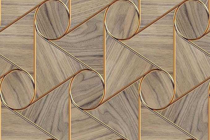 Golden Stripes and Circles and Imitation Wood Grain Wallpaper, Large Wall murals for bedrooms, Living Rooms, restrooms(Non-self-Adhesive)