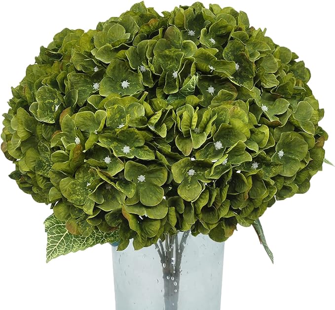 2Bouquets Artificial Fake Flowers Plants Silk Hydrangea Arrangements Wedding Bouquets Decorations Plastic Floral Home Kitchen Garden Party Festival Bar DIY(Olive Green,5 Flower Heads)