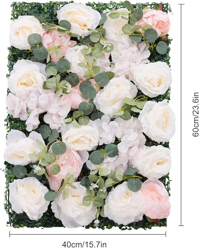 Flower Wall Backdrop, 6 Pcs Flower Wall Panels Artificial Floral Wall Background for Wall Decoration in Wedding Sites, Birthday Parties 24 x 16 Inch (White + Pink)
