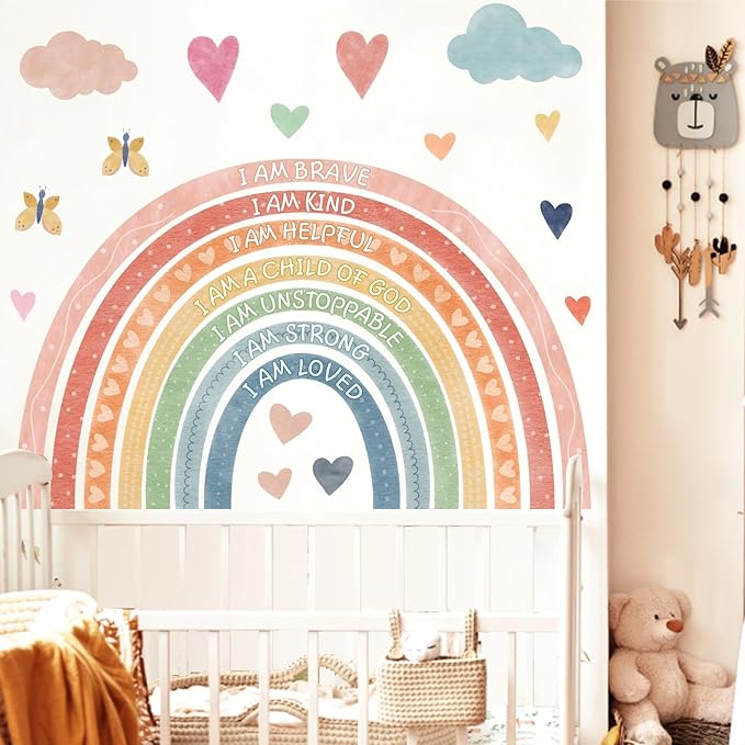 Rainbow Wall Decal Kids Inspirational Wall Stickers Watercolor Rainbow Wall Decals for Nursery Pastel I Am Decor Motivational Vinyl Walls Sticker for Kids Bedroom Playroom,20.6"x34"