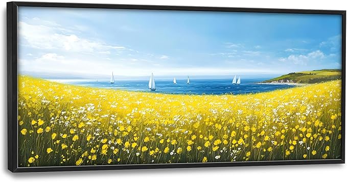 Coastal Flowers Large Wall Art Framed Wall Decor for Living Room Ocean Sailboat Pictures Oversized Canvas Print Painting Modern Extra Large Framed Artwork for Bedroom Office Home Decor 60"x30"