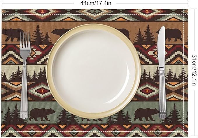 Rustic Bear Placemats Aztec Cabin Wild Animal Hunting Camping Art Printed Dining Table Mats Set of 4 for Home Kitchen Holiday Picnic Party Decor 12x18in